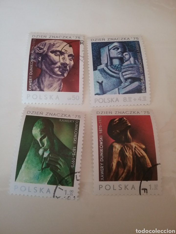 Sellos: Sellos R. Polonia (Polska) mtdos/1975/Dia sello/100 Aniv. ncto. Xawery/escultura/arte/pintura/flor/m