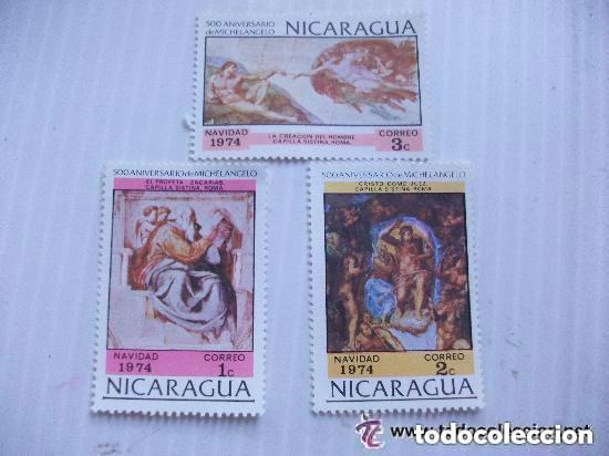 Sellos: LOTE DE 3 SELLOS DE NICARAGUA : NAVIDAD 1974 , 500 ANIVERSARIO MIGUEL ANGEL . NUEVOS SIN USAR.