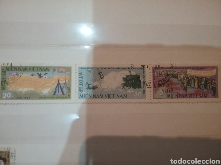 Stamps: Sellos Vietcong (Vietnam Norte) mtdos/1964/4 Aniv. F.N.L.P/barco/acorazado/guerra/militar/campesino