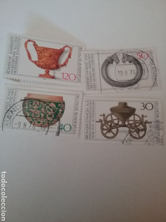 Sellos: Sellos Alemania, R. Federal mtdos/1976/Descubrimientos/tesoros/copa/gargantilla/bol/carro bronce/art