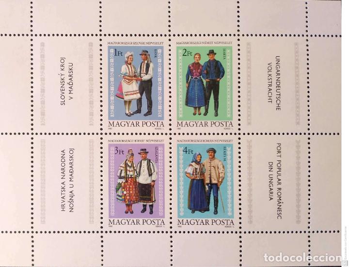 Timbres: Hungr&iacute;a. 2772/75 Trajes folkl&oacute;ricos de diferentes etnias, hojita con vi&ntilde;etas laterales en diferentes