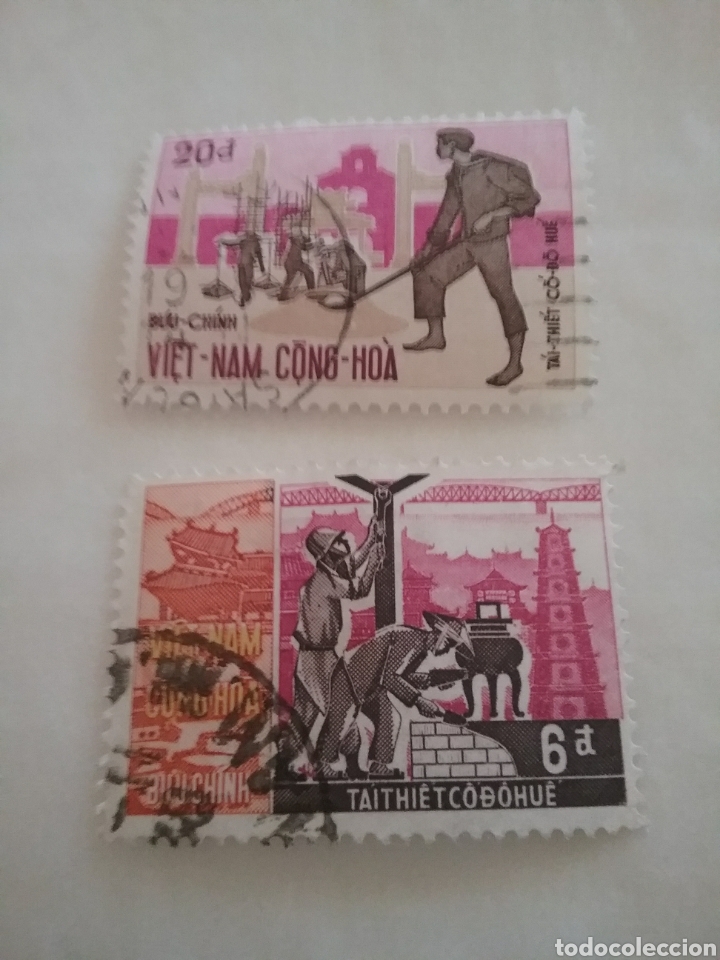 Briefmarken: Sellos Vietnam Sur mtdos/usados/1970/reconstruccion/Hue/trabajos/alba&ntilde;il/artesano/torre/pagoda/arqui