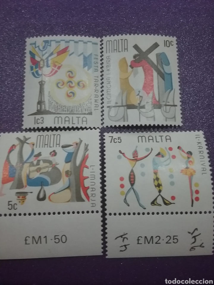 Selos: Sello Malta nuevo/1975/folclore/tipicos/danza/arte/carnava/vendimia/nazareno/procesion/guitarra/traj