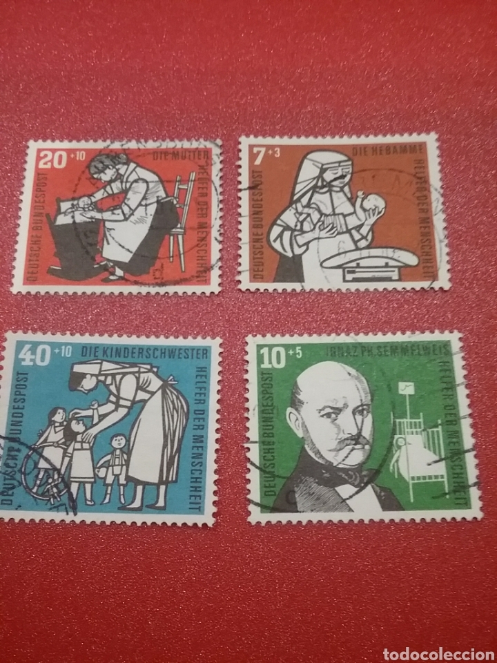 Sellos: Sellos Alemania R. Federal mtdos/1956/personajes/benefactores/comadrona/enfermera/medico/madre/ni&ntilde;os