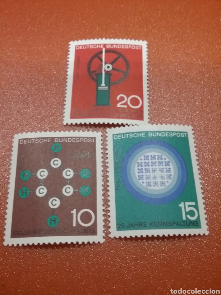 Sellos: Sello Alemania R. Federal nuevos/1964/Ciencia/quimica/100a&ntilde;os/Benzol/fision/nuclear/motor/combusti&oacute;n