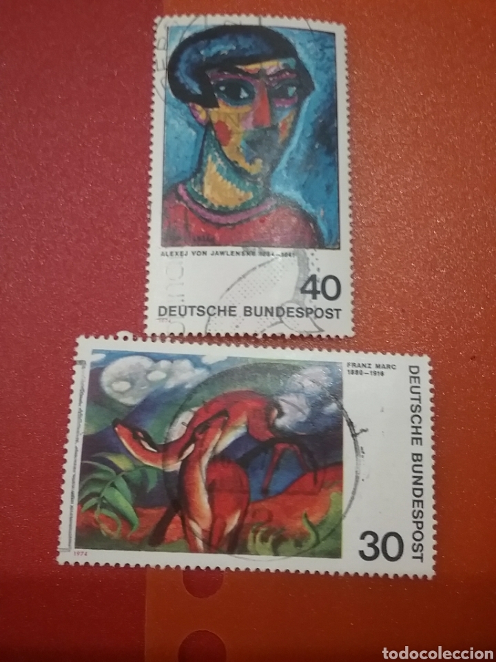 Stamps: Sello Alemania R. Federal mtdos/1974/arte/pintura/expresionismo/cabeza/azul/ciervo/rojo/animales/pin