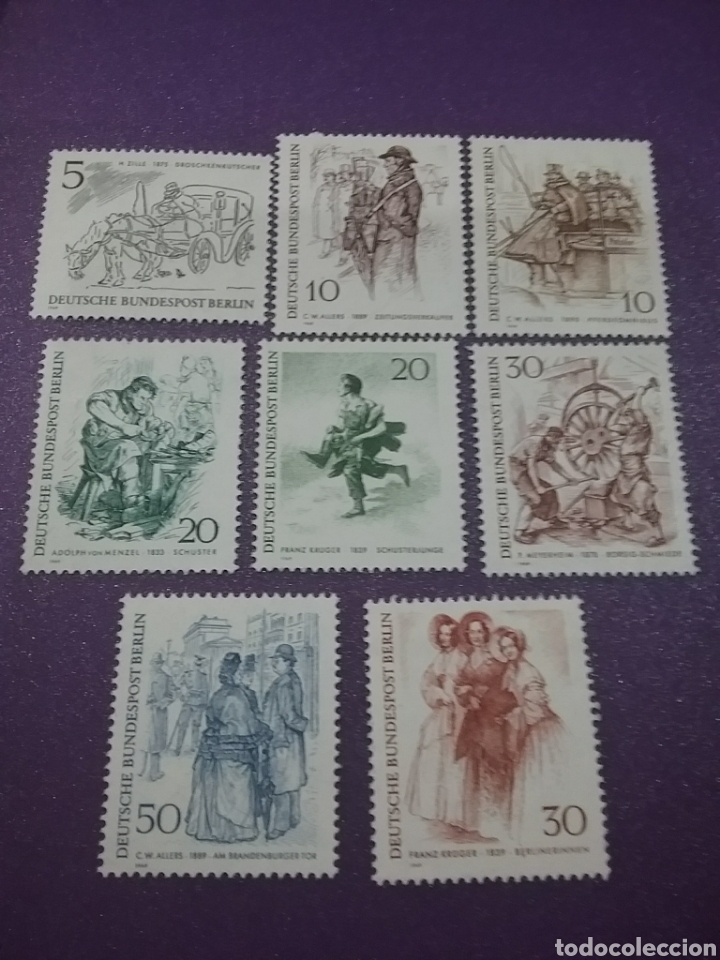 Stamps: Sello Alemania, Berlin nuevo/1969/gente/S.XXI/calesa/zapatero/oficios/trajes/tipicos/caballo/carrua