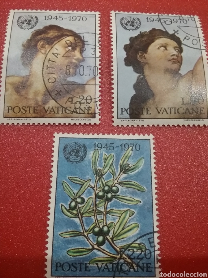 Sellos: Sello Ciudad Vaticano mtdo/1970/XXVaniv/O.N.U/Miguel/Angel/Adan/Eva/arte/artista/pintura/olivo/flora
