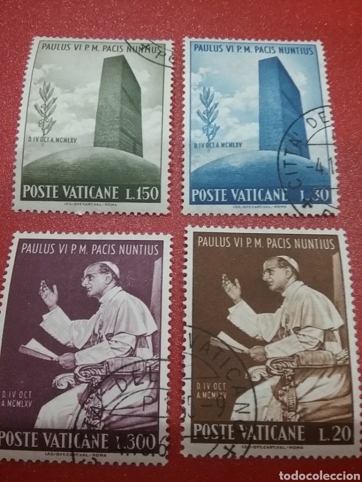 Sellos: Sello Ciudad Vaticano mtdo/1965/visita/papa/O.N.U/edificio/sede/arquitectura/arte/religion/rama/oli/