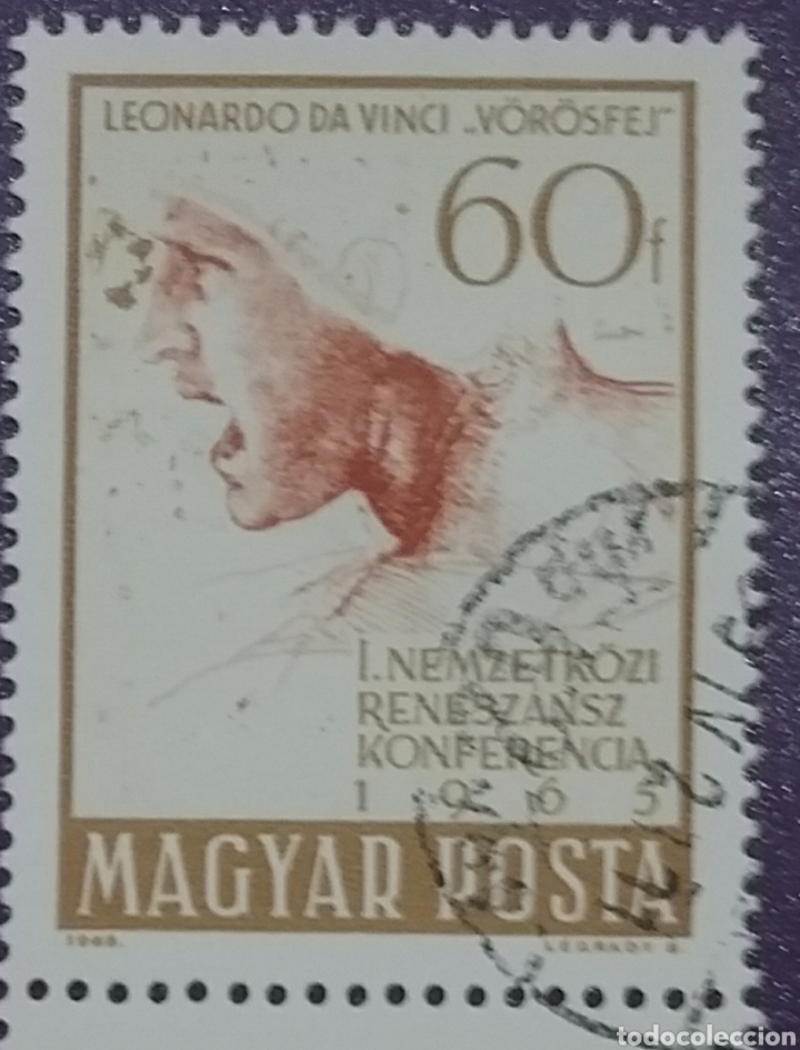 Sellos: Sello Hungr&iacute;a (Magyar P)mtdo/1965/1Confer/intern/renacimiento/pintura/cabeza/roja/arte/Leonardo/Vinc