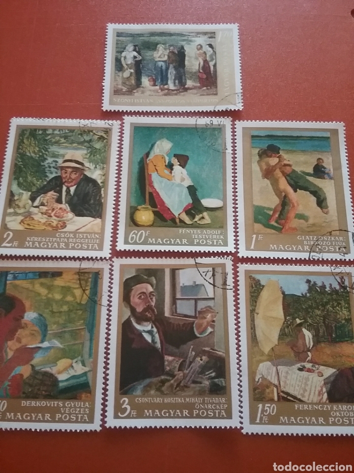 Sellos: Sello Hungr&iacute;a (Magyar P) mtdo/1967/arte/pinturas/cuadros/artistas/desayuno/lucha/paisaje/mujer/rio/
