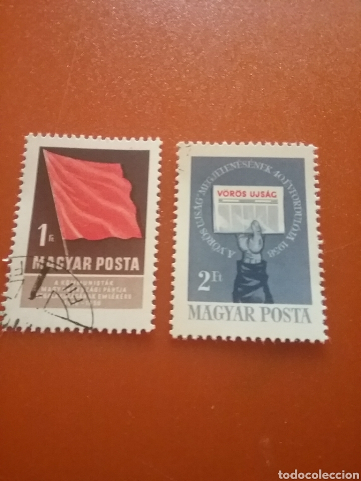 Sellos: Sello Hungr&iacute;a (Magyar P) mtdo/1958/40Aniv/periodico/rojo/bandera/arte/texto/comunista/prensa/literat