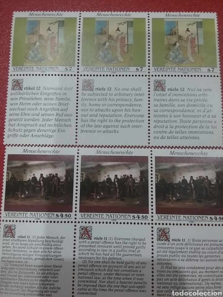Sellos: Sello Naciones Unidas (Viena) nuevo/1990/declaracion/universal/dd.hh/arte/cuadros/pinturas/japones/g