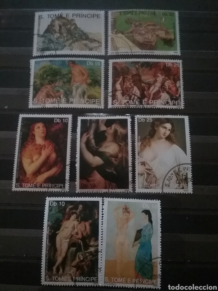Briefmarken: Sello Tome y Principe mtdo/1990/pinturas/arte/cuadros/Gogh/Rubens/Renoi/desnudo/barca/rio/mujeres/pa
