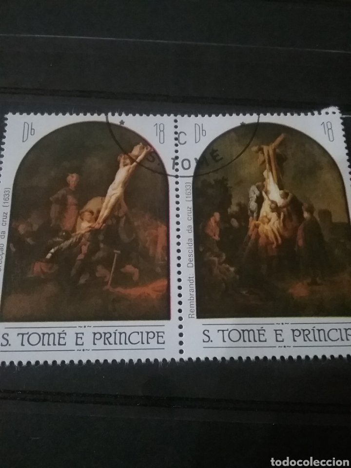 Selos: Sello Tome y Principe mtdo/1983/arte/pintura/cuadro/pascua/religion/Rembrandt/descendimiento/cruz/