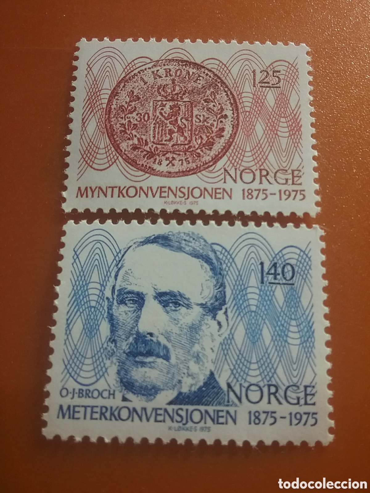Stamps: Sello Noruega (Norge) nuev 1975. Convenci&oacute;n monetaria y m&eacute;trica. Ole Jacob. Monedas. Numism&aacute;tica.