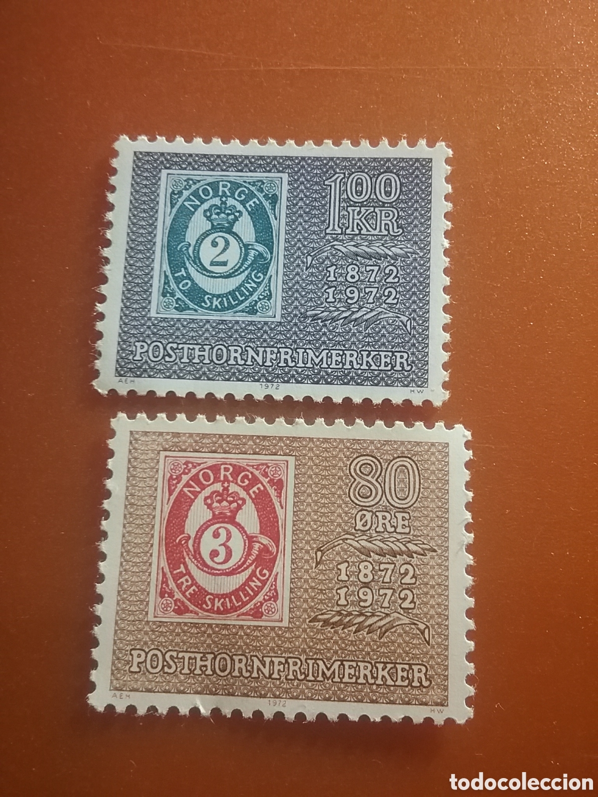 Stamps: Sello Noruega (Norge) nuevo 1972. 200Aniv emision sello Cuerno postal. Corona. Clar&iacute;n. Trompeta