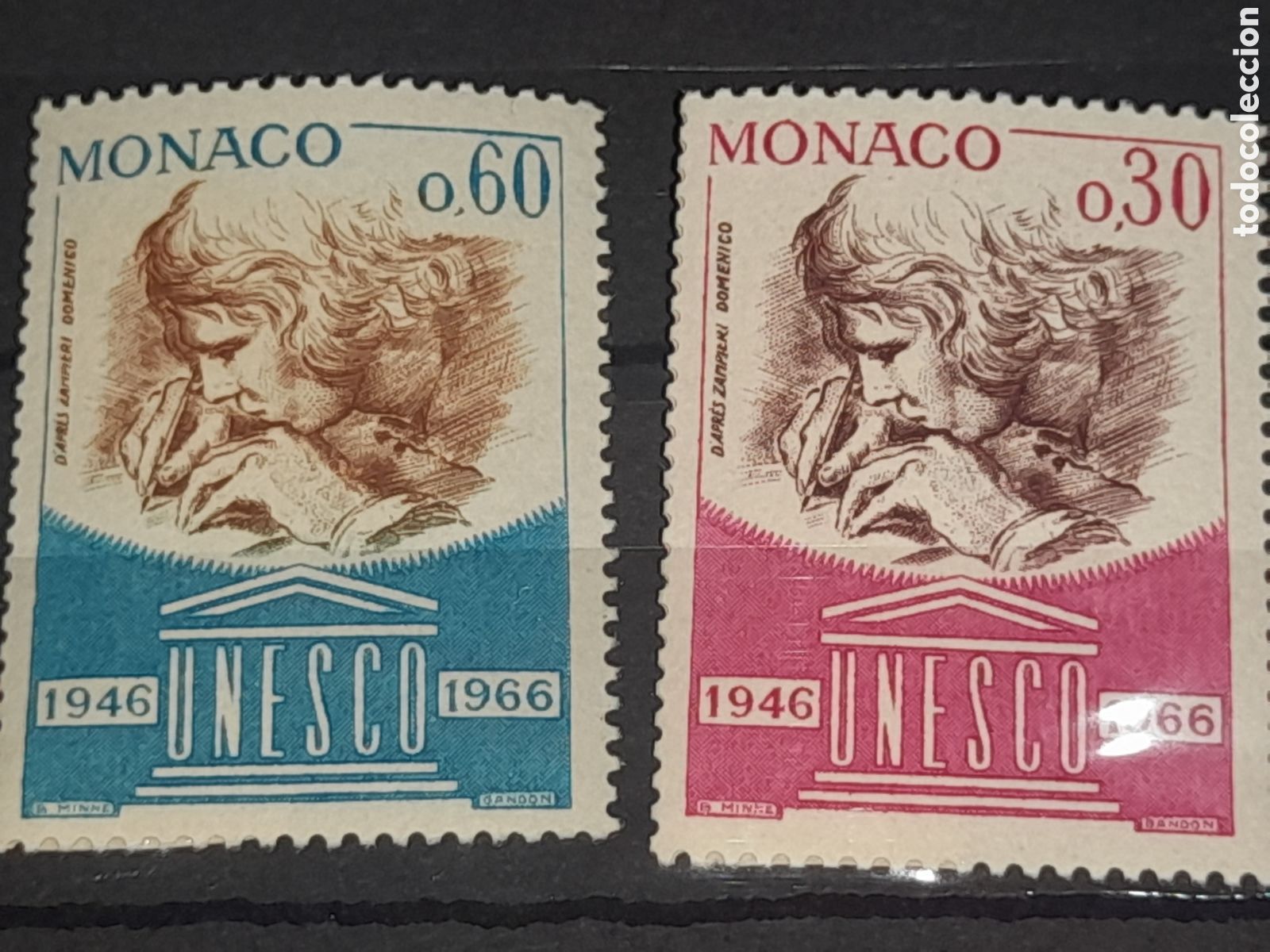 Sellos: Sello Monaco nuevo 1966. 20Aniv UNESCO. Templo. Letras. Filatelia. Educaci&oacute;n. Ciencia. Paz