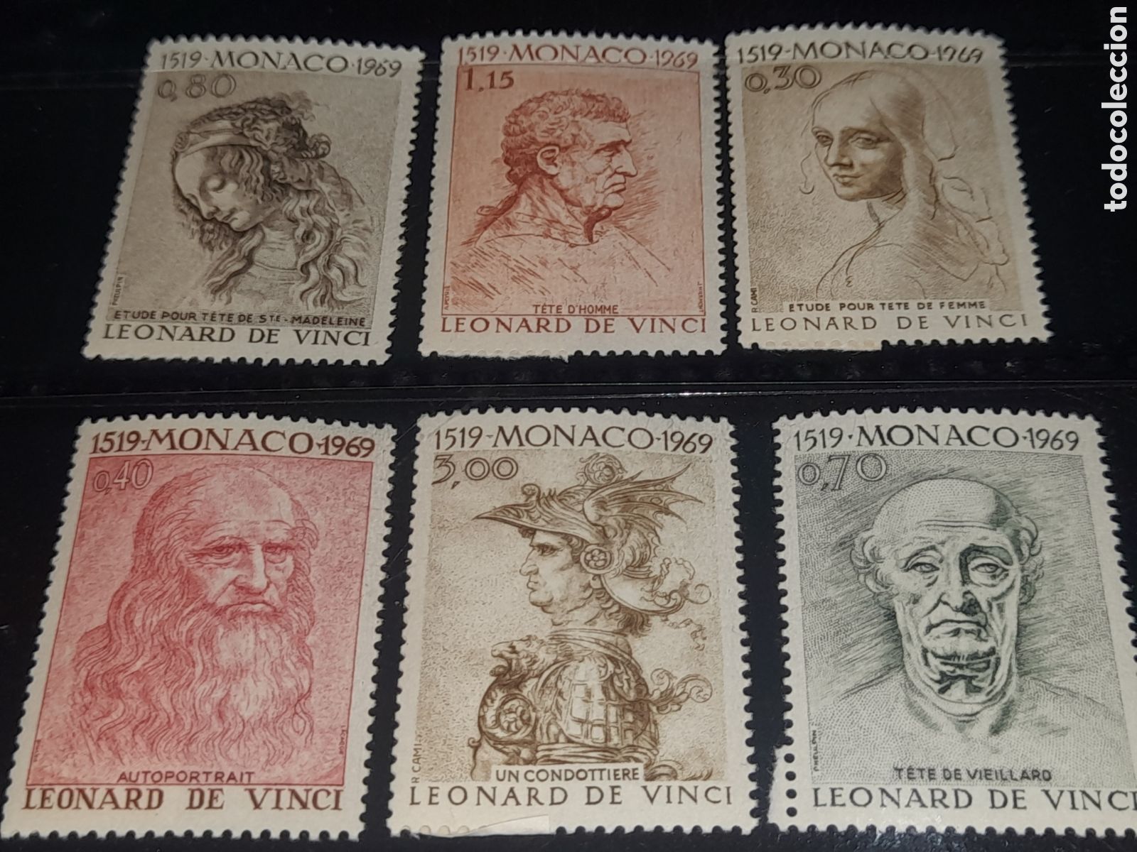 Sellos: Sello Monaco nuevo 1969. 459Aniv muerte L. da Vinci. Arte. Pintura. Escultura. Caras hombre, mujer.