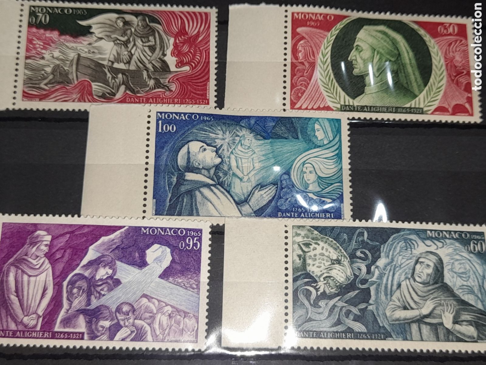 Sellos: Sello M&oacute;naco nuevo 1965. 700Aniv nacimiento Dante Alighieri. Poeta. Arte. Cultura. Tigre. Barco. Rel