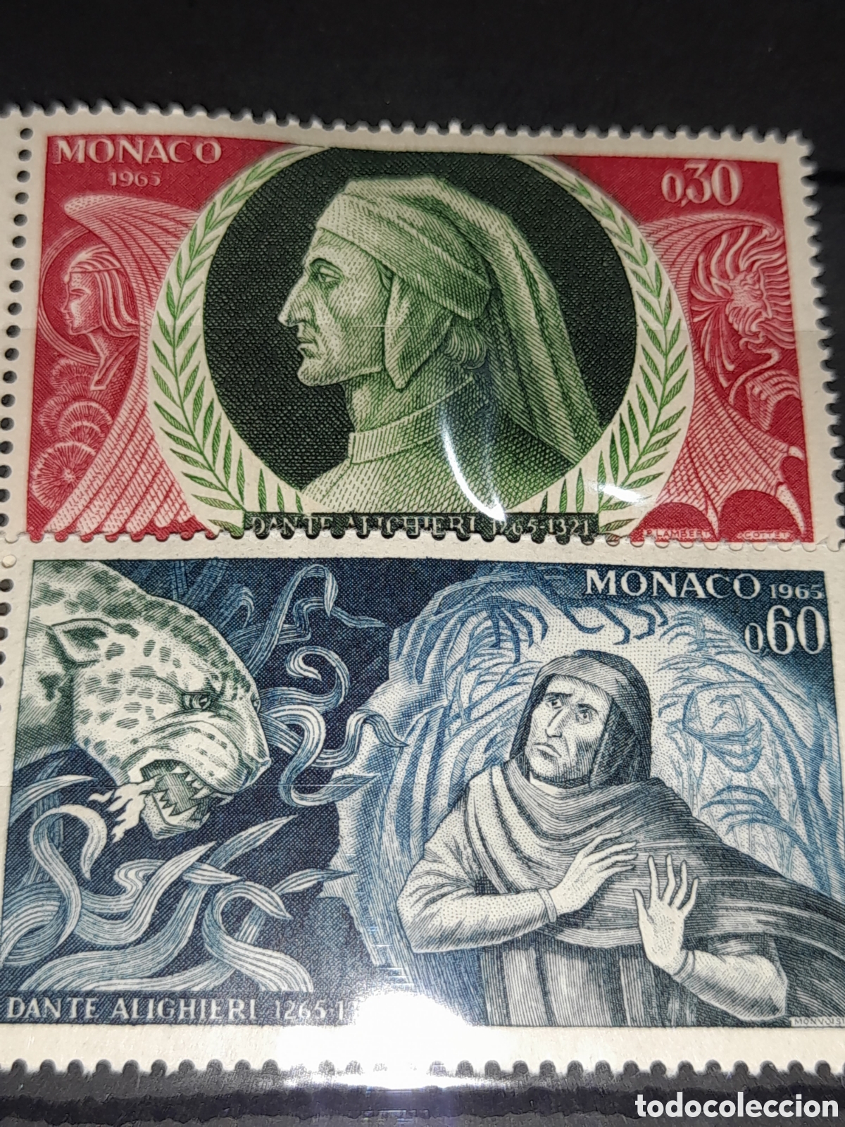 Sellos: Sello M&oacute;naco nuevo 1965. 700Aniv nacimiento Dante Alighieri. Poeta. Arte. Cultura. Tigre. Barco. Rel