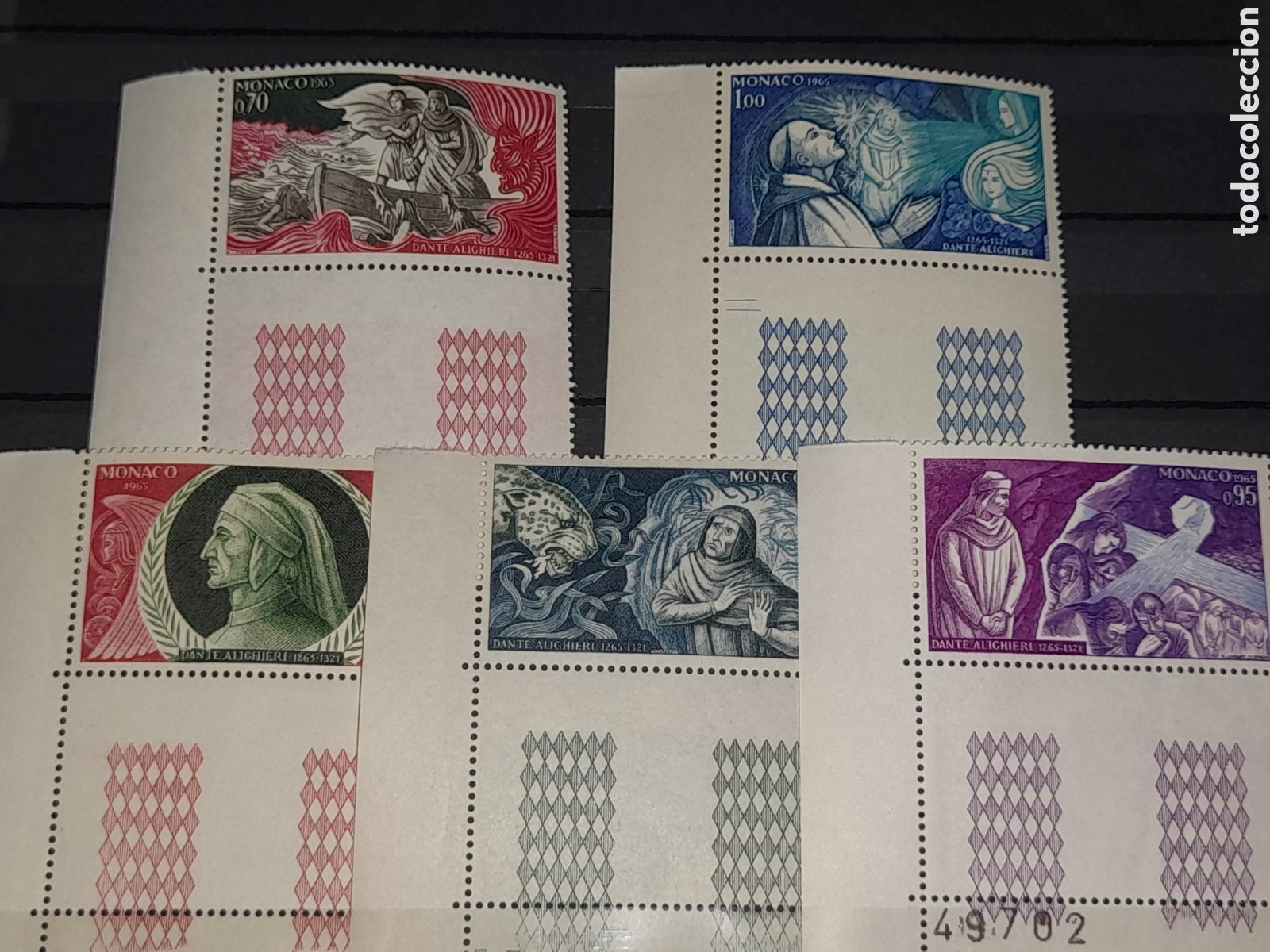 Sellos: Sello M&oacute;naco nuevo 1965. 700Aniv nacimiento Dante Alighieri. Poeta. Arte. Cultura. Tigre. Barco. Rel