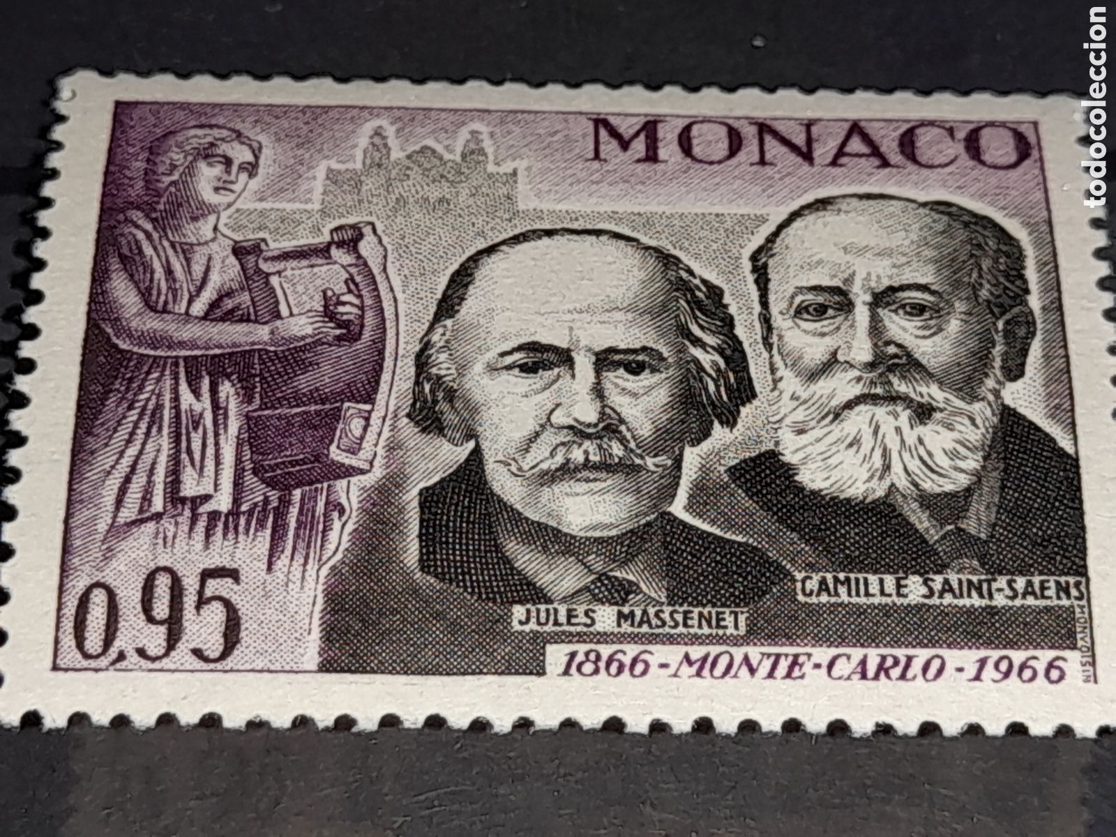 Sellos: Sello (1/12v) M&oacute;naco nuevo 1966. 100Aniv Monte Carlo. Compositores. Arte. Massenet. Piano. Camille