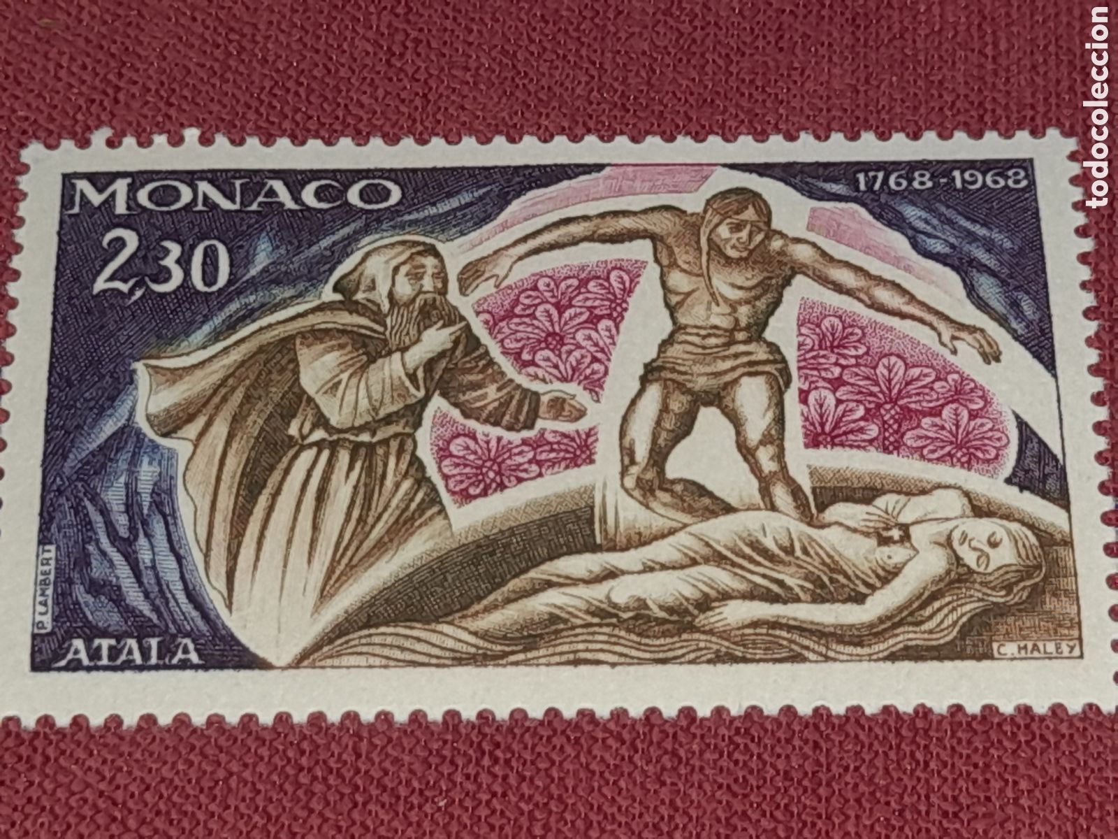 Sellos: Sello (1/6v) M&oacute;naco nuevo 1968. 100Aniv nacimiento escritor rom&aacute;ntico F - Ren&eacute;. Arte. Desnudo. Teatr