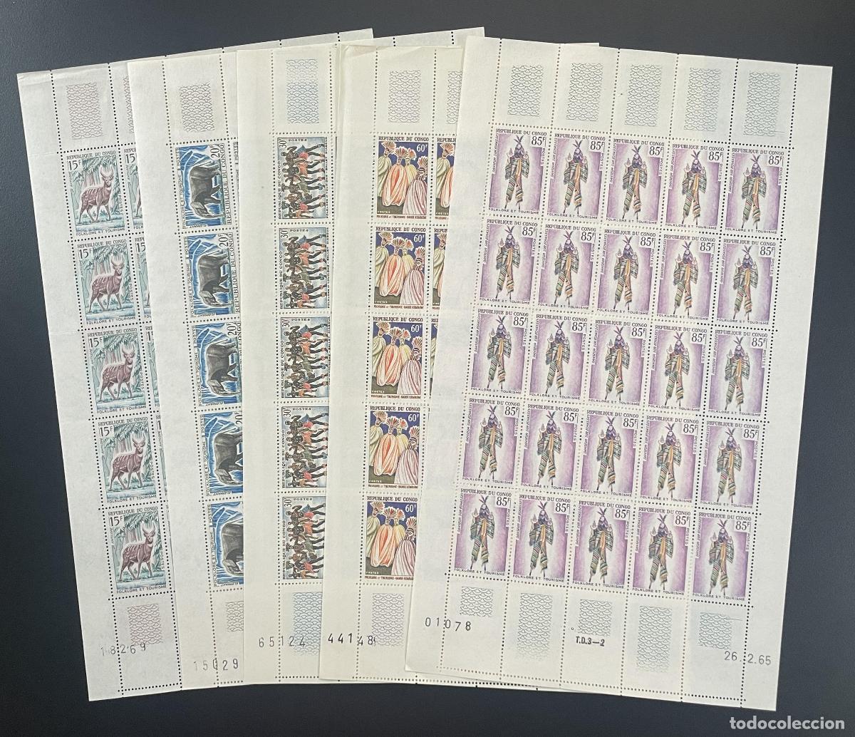 Sellos: Congo 1964-1965 YT 162-166 tabl&oacute;n folclore turismo fauna ant&iacute;lope elefante