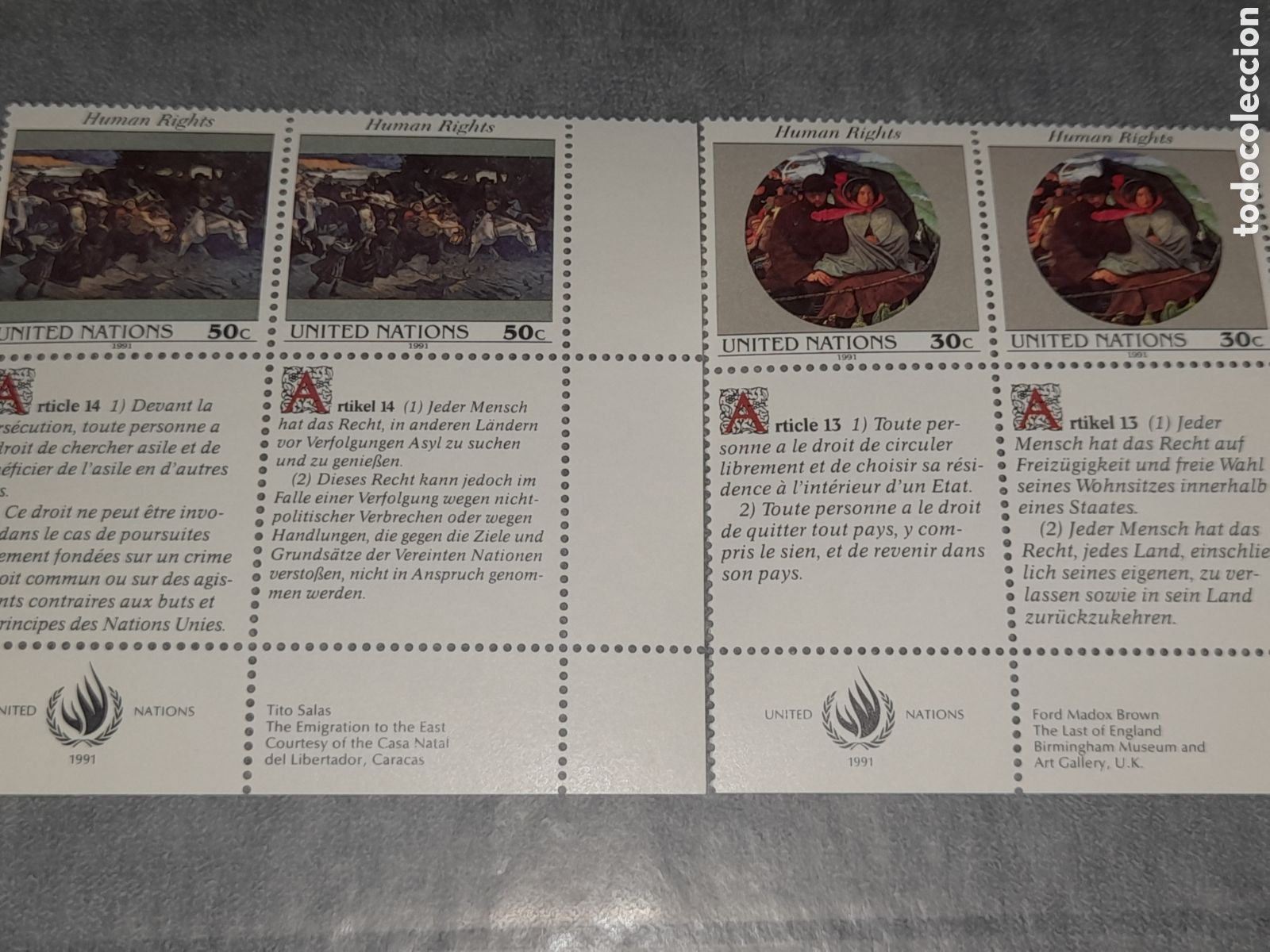 Sellos: Sello N. Unidas, N. York nuevo 1991. Declaraci&oacute;n Derechos Humanos. Arte. Caballo. Barca. Folclore