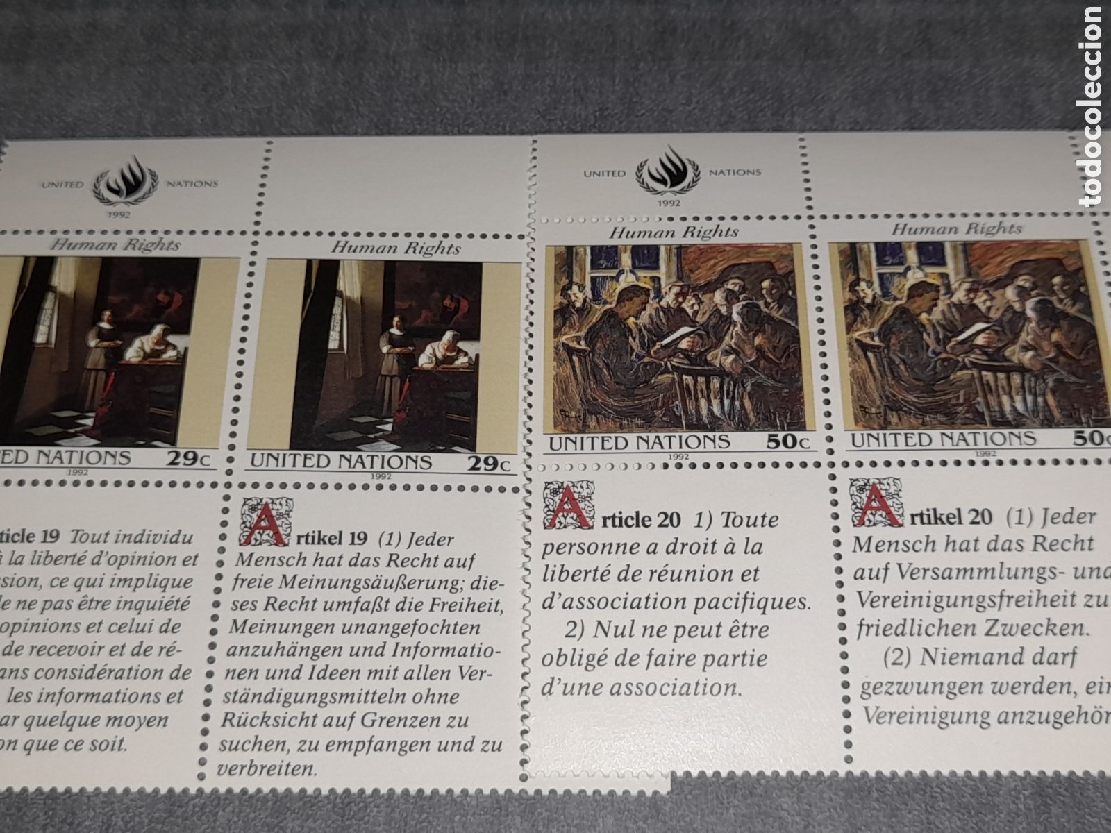Sellos: Sello N. Unidas, N. York nuevo 1992. Declaraci&oacute;n Derechos Humanos. Arte. Pinturas. Vermeer. Esther