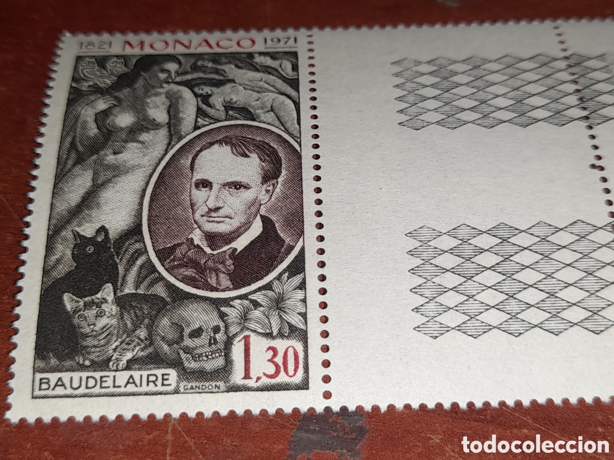 Sellos: Sello M&oacute;naco nuevo 1972. 350Aniv nacimiento poeta C Baudelaire. Desnudos. Literatura. Letras. Gato.