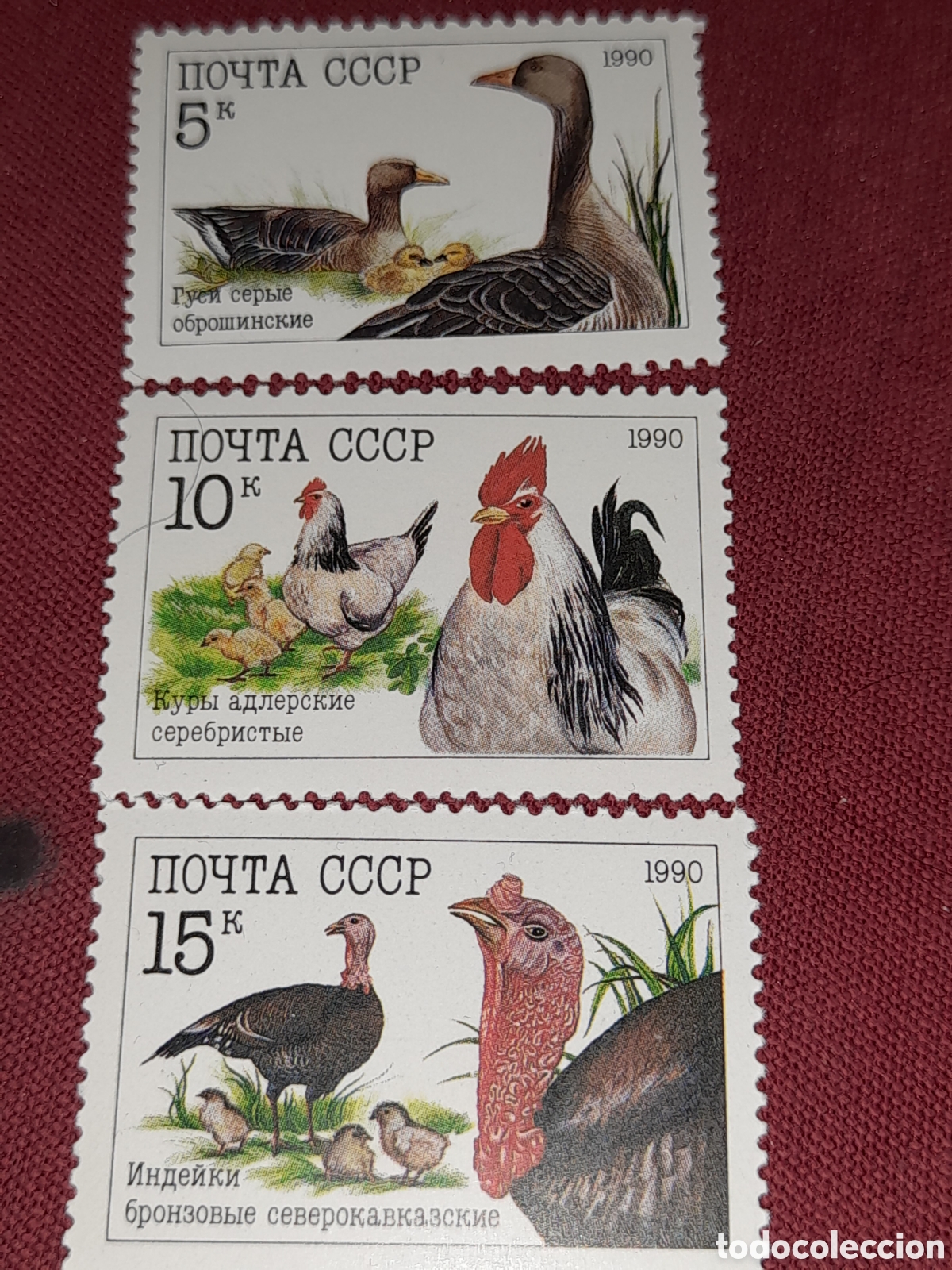 Sellos: Sello Rusia (URSS) nuevo 1990. Aves de granja. P&aacute;jaros. Gallina. Pavo. Ganso. Pato. Ocs. Fauna