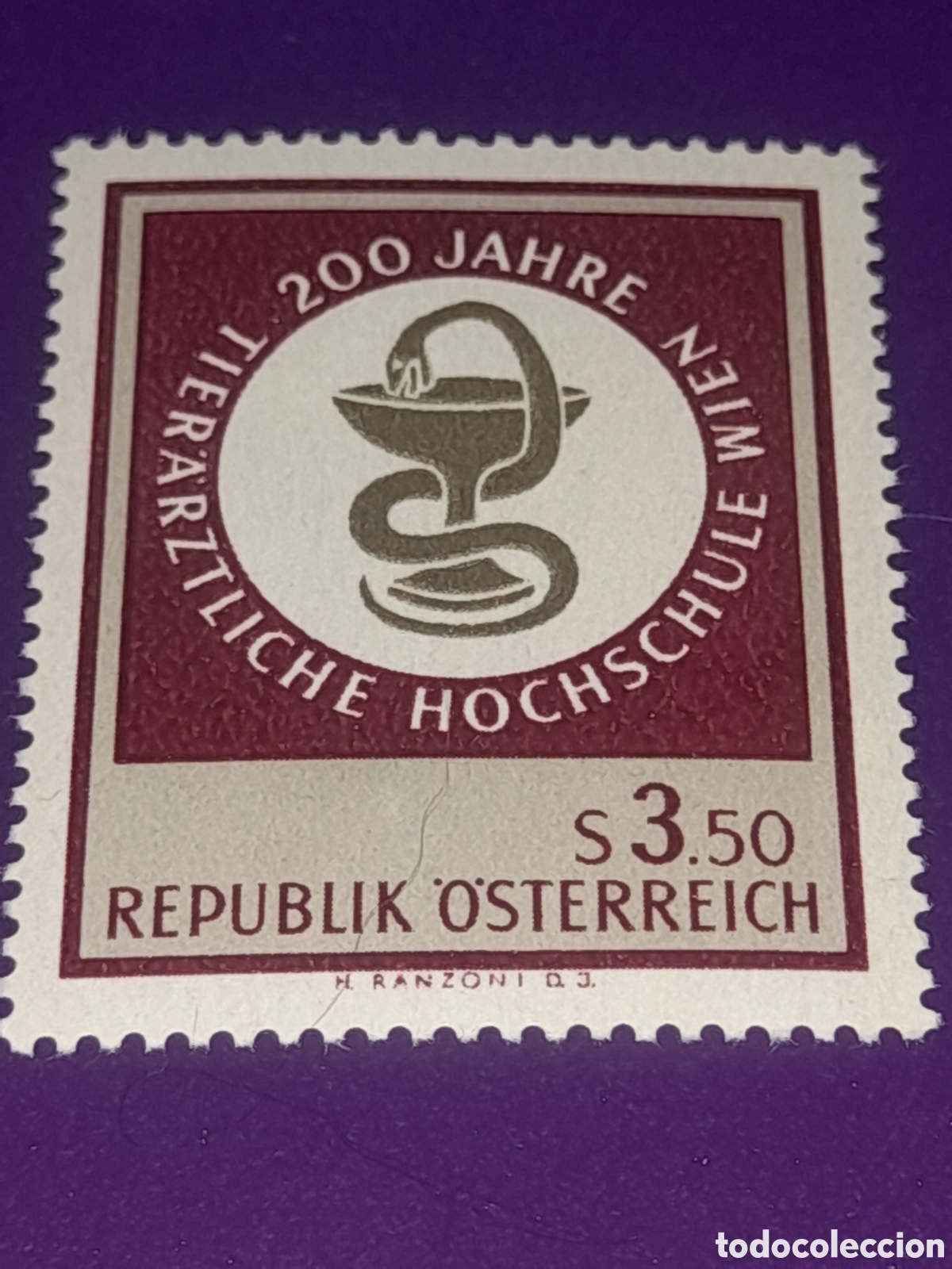 Sellos: Sello Austria nuevo 1968. 200Aniv facultad medicina, veterinaria. Ciencia. Arte. Salud. Serpiente. C