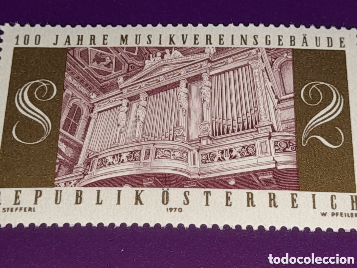 Sellos: Sello Austria nuevo 1970. 100Aniv Fundaci&oacute;n m&uacute;sica. Instrumento. Arte. &Oacute;rgano.
