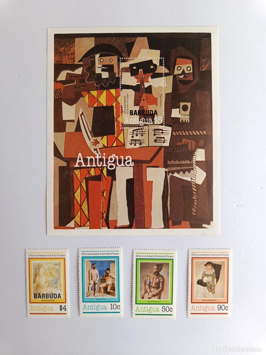 Sellos: PABLO PICASSO 4 SELLOS Y 1 HOJITA DE ANTIGUA - ANIVERSARIO PABLO PICASSO