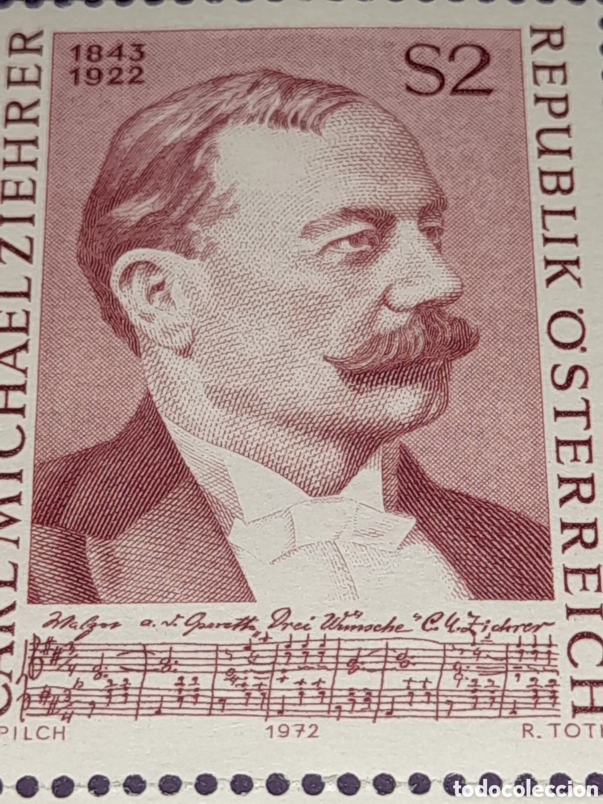 Sellos: Sello Austria nuevo 1972. 50Aniv muerte compositor Michael Ziehrer. Famoso. Arte. M&uacute;sica.