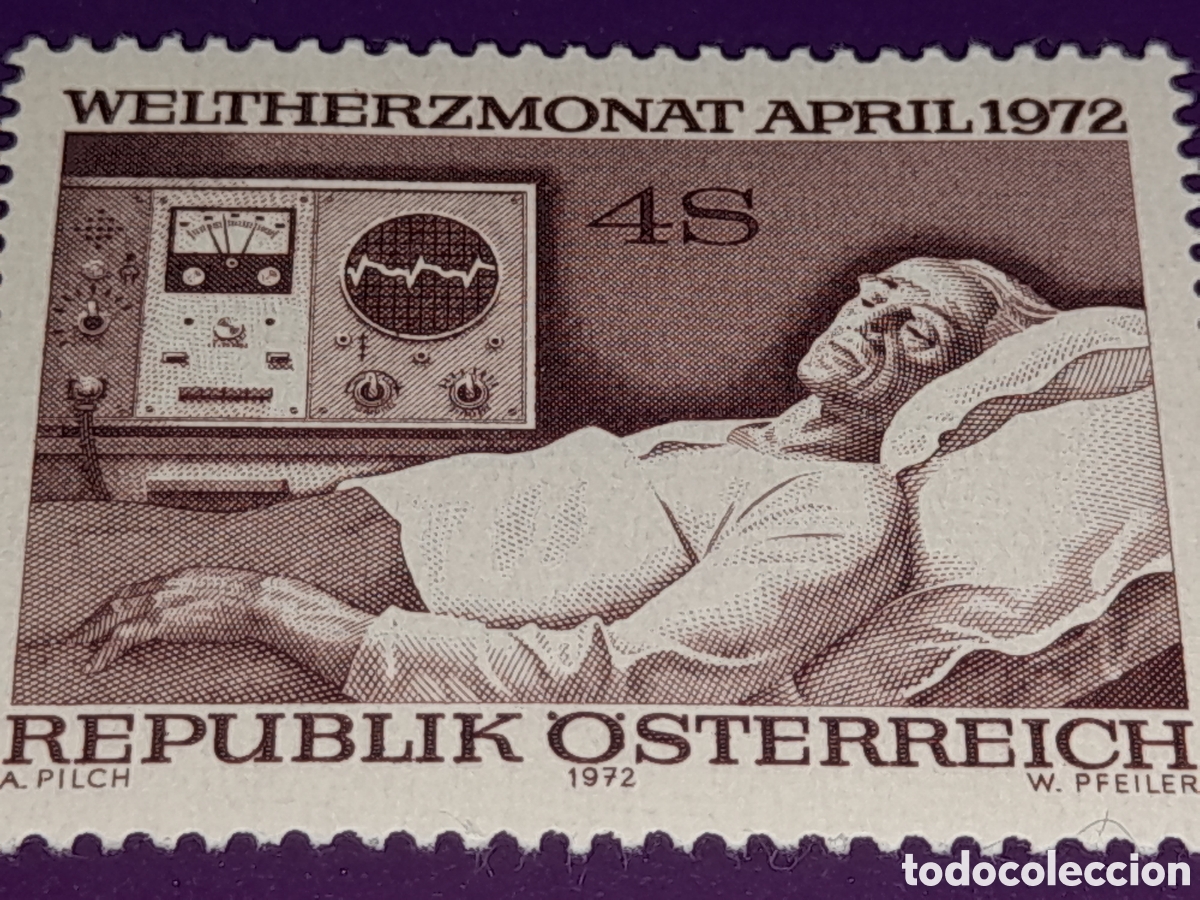 Sellos: Sello Austria nuevo 1972. Mes mundial del coraz&oacute;n. Cardiolog&iacute;a. Medicina. Salud. Monitor. Electro.