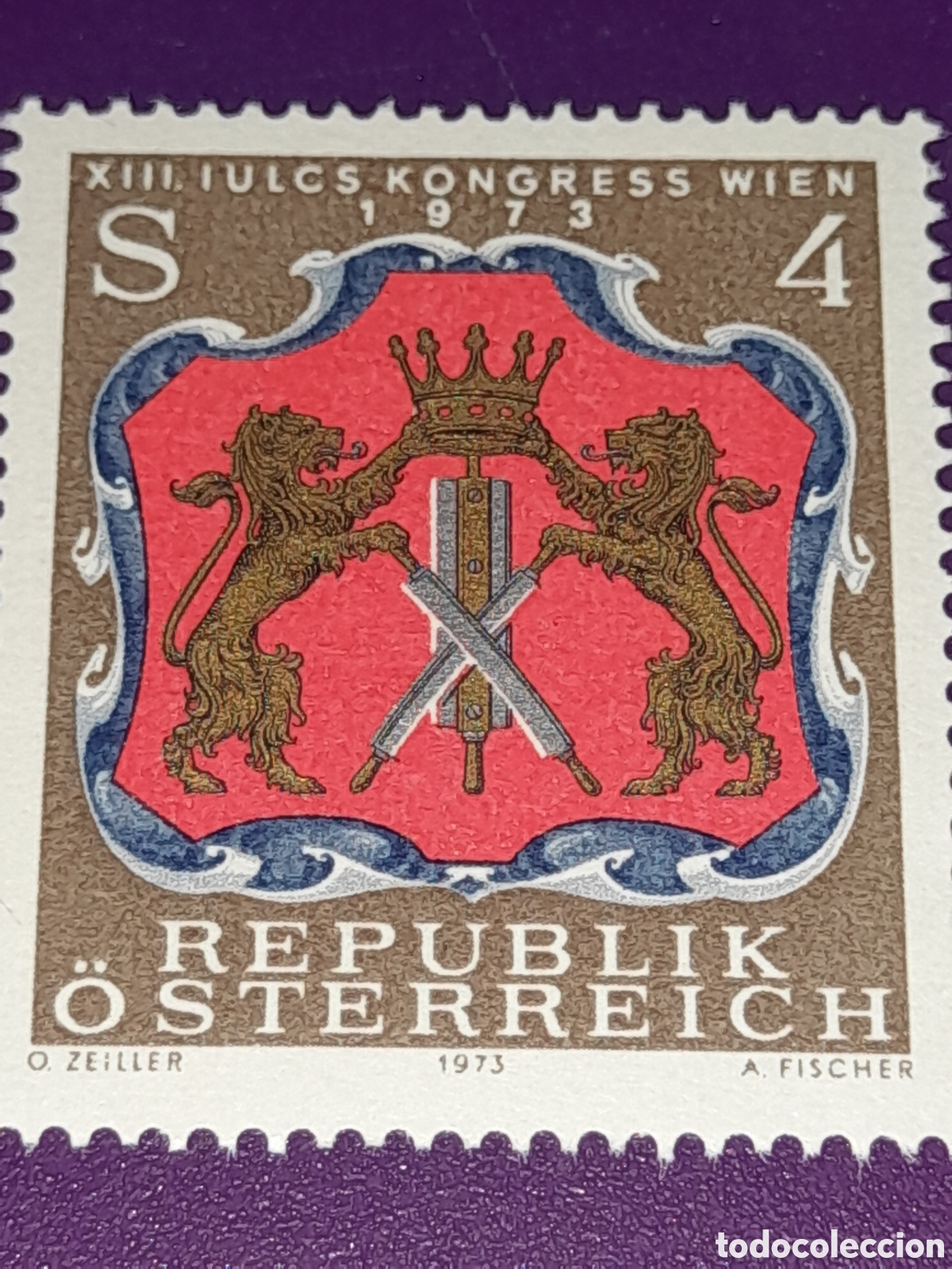 Sellos: Sello Austria nuevo 1973. 13 Congreso inter profesional cuero. Gremio. Trabajo. Corona. Le&oacute;n. Herald