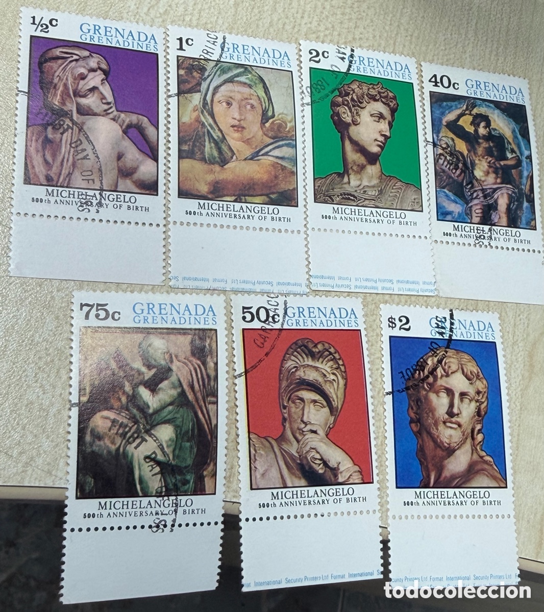 Sellos: Lote 7 x sellos GRENADA GRENADINES Sello Michelangelo 500 Aniv. Nacimiento (1475-1564) Escultura