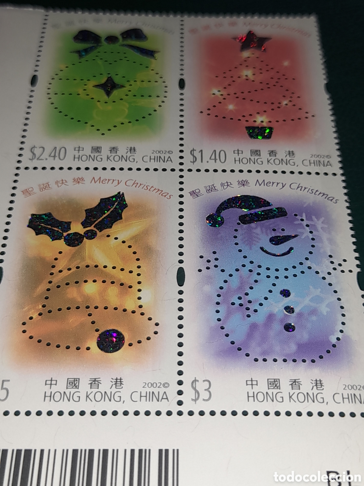 Sellos: HB Hong Kong nuevo/holograma 2002. Navidades. Celebraciones. Campa&ntilde;a. Mu&ntilde;eco nieve. Pino.