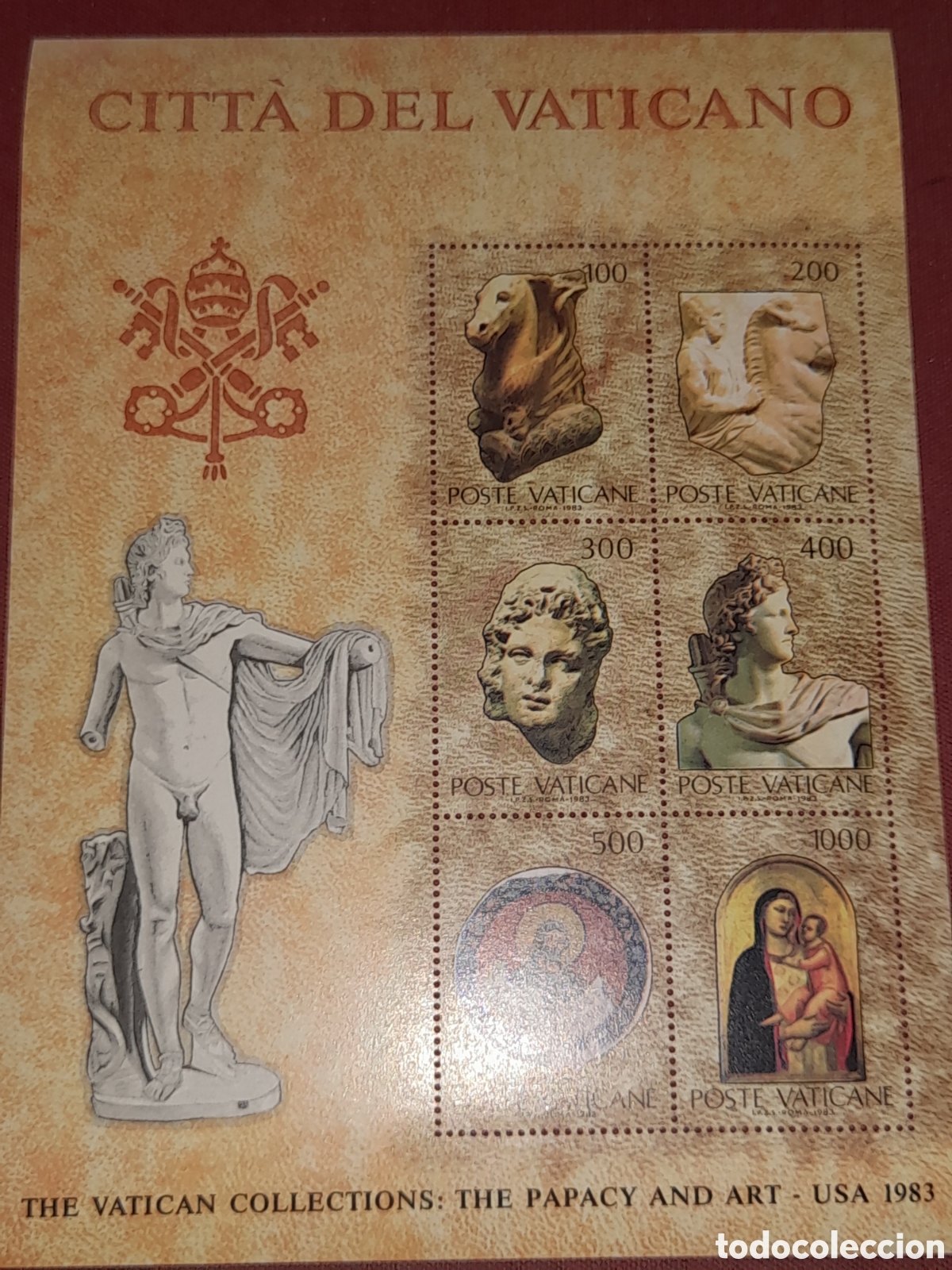 Sellos: HB Vaticano nuevo 1983. Coleccion Arte. Pinturas. Frescos. Esculturas. Apollo. Busto. Caballo.