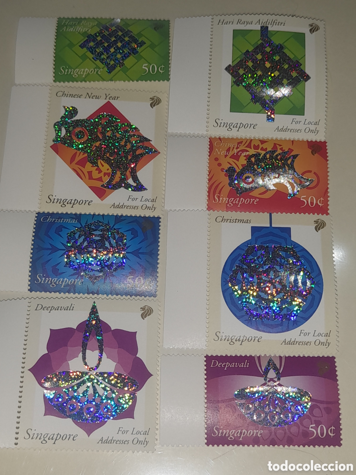 Sellos: Sello Singapur nuevo/holograma 2002. Celebraciones. A&ntilde;o nuevo rata. Navidad. Pascua. Festival Deepav