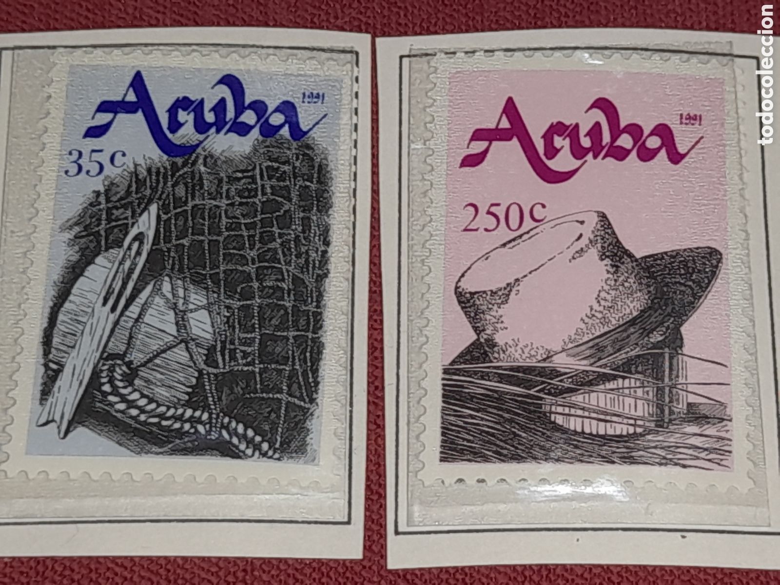 Sellos: Sello Aruba nuevo 1991. Artesan&iacute;a. Arte. Sombrero paja. Red pesca. Flotador. Aguja madera.
