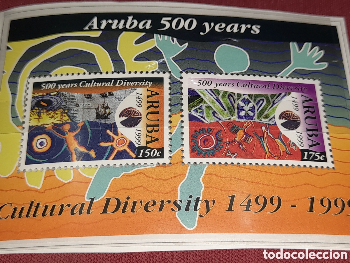 Sellos: Sello Aruba nuevo 1999. 500 a&ntilde;os diversidad cultural. Pintura rupestre. Arte. Velero. Descubrimiento