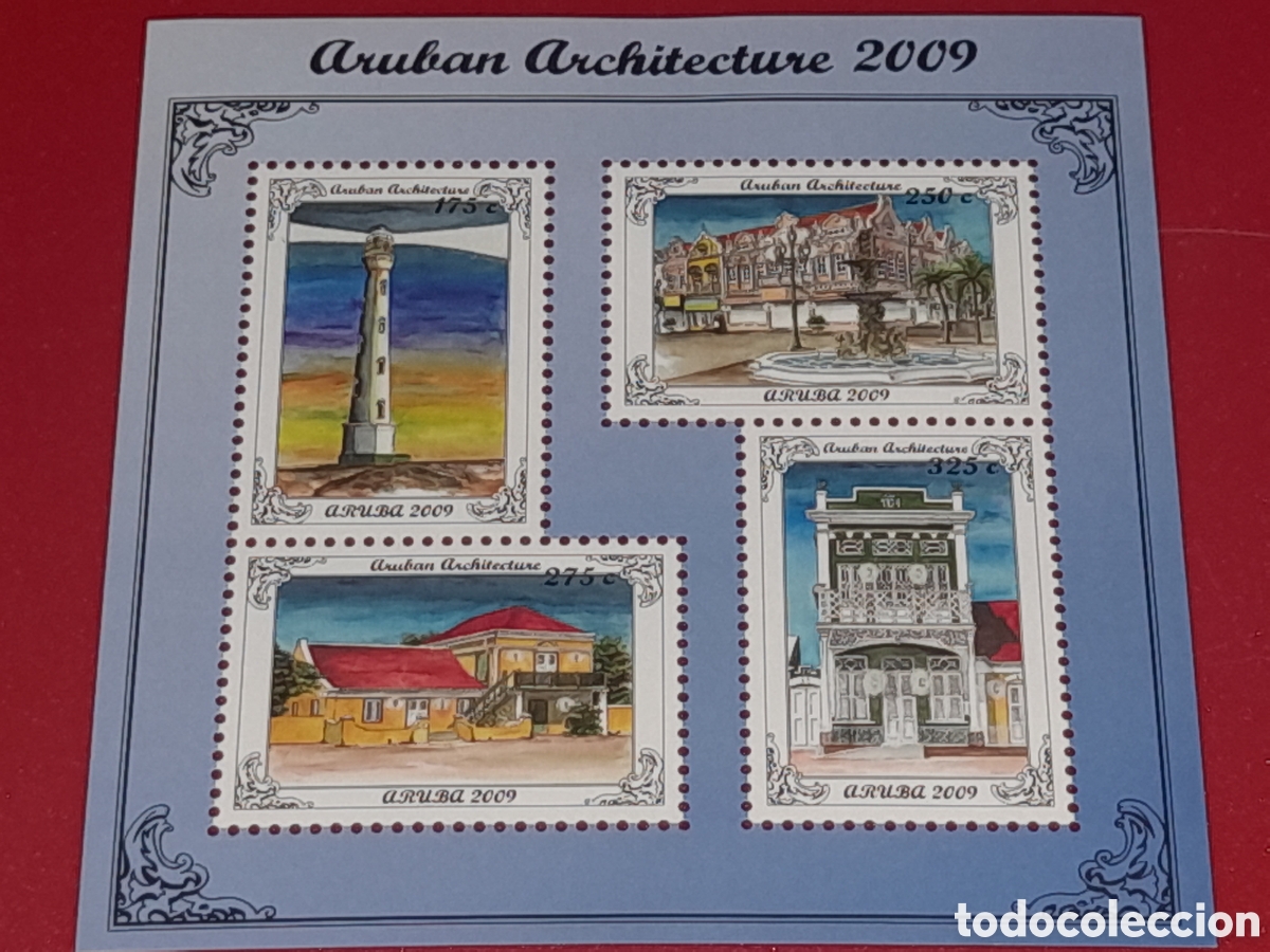 Sellos: HB Aruba nuevo 2009. Arquitectura local. Faro. Barcos. Casa. Plaza. Fuente. Escultura. Vistas. Arte.