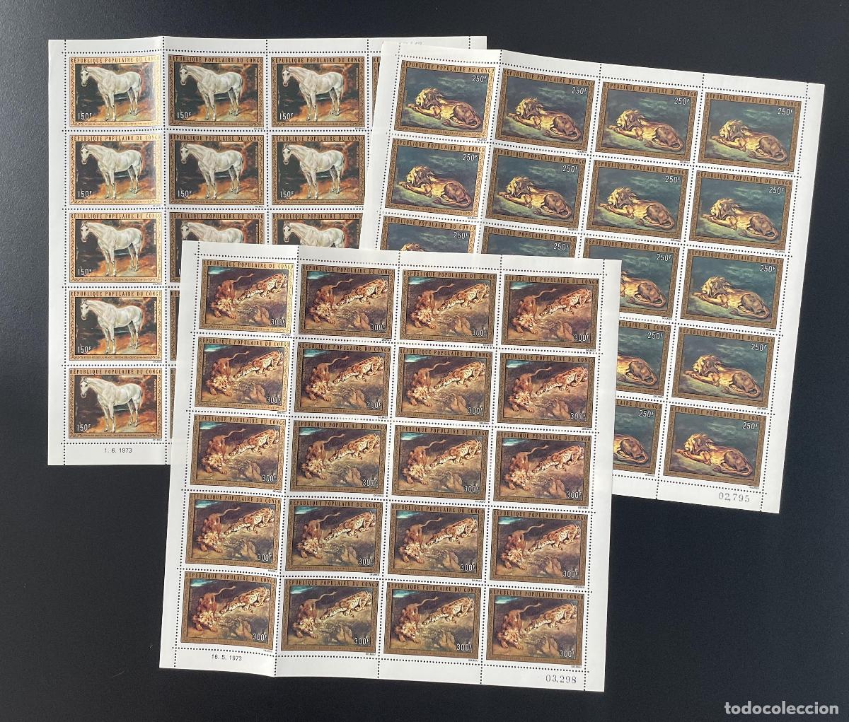 Sellos: Congo 1973 YT PA 161-163 tabl&oacute;n caballo blanco le&oacute;n leona Delacroix