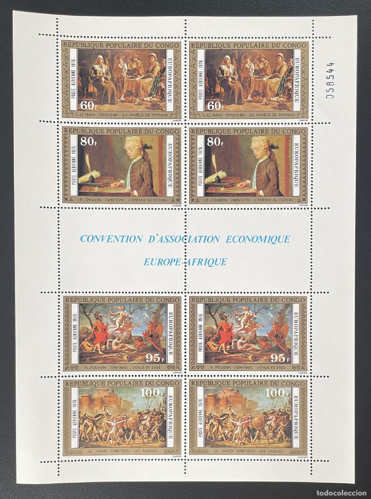 Sellos: Congo 1976 YT PA 222-225 tabl&oacute;n Europafrica pintura Chardin Poussin David
