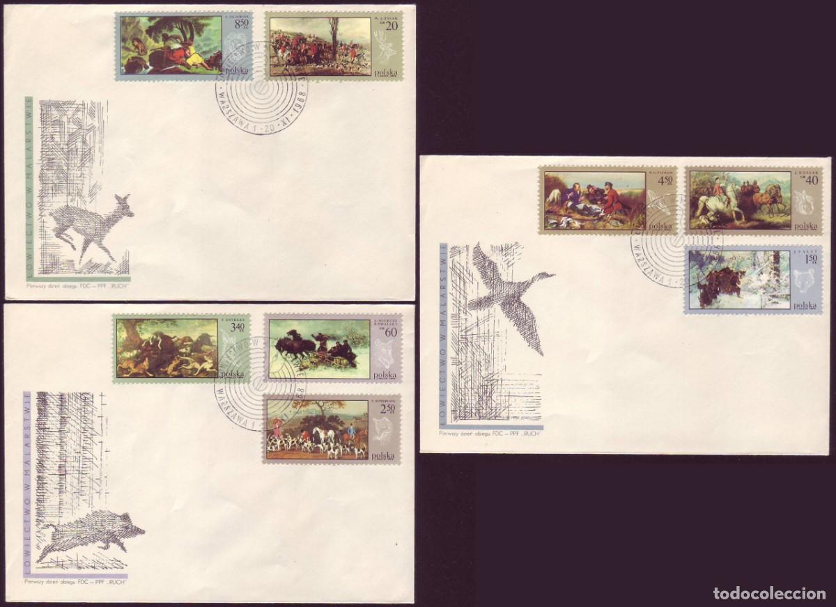 Sellos: 3 FDC Polonia, 1968 | Hunting in Painting | Yv: 1740/7 - Mi: 1890/7 - Pol: 1743/50