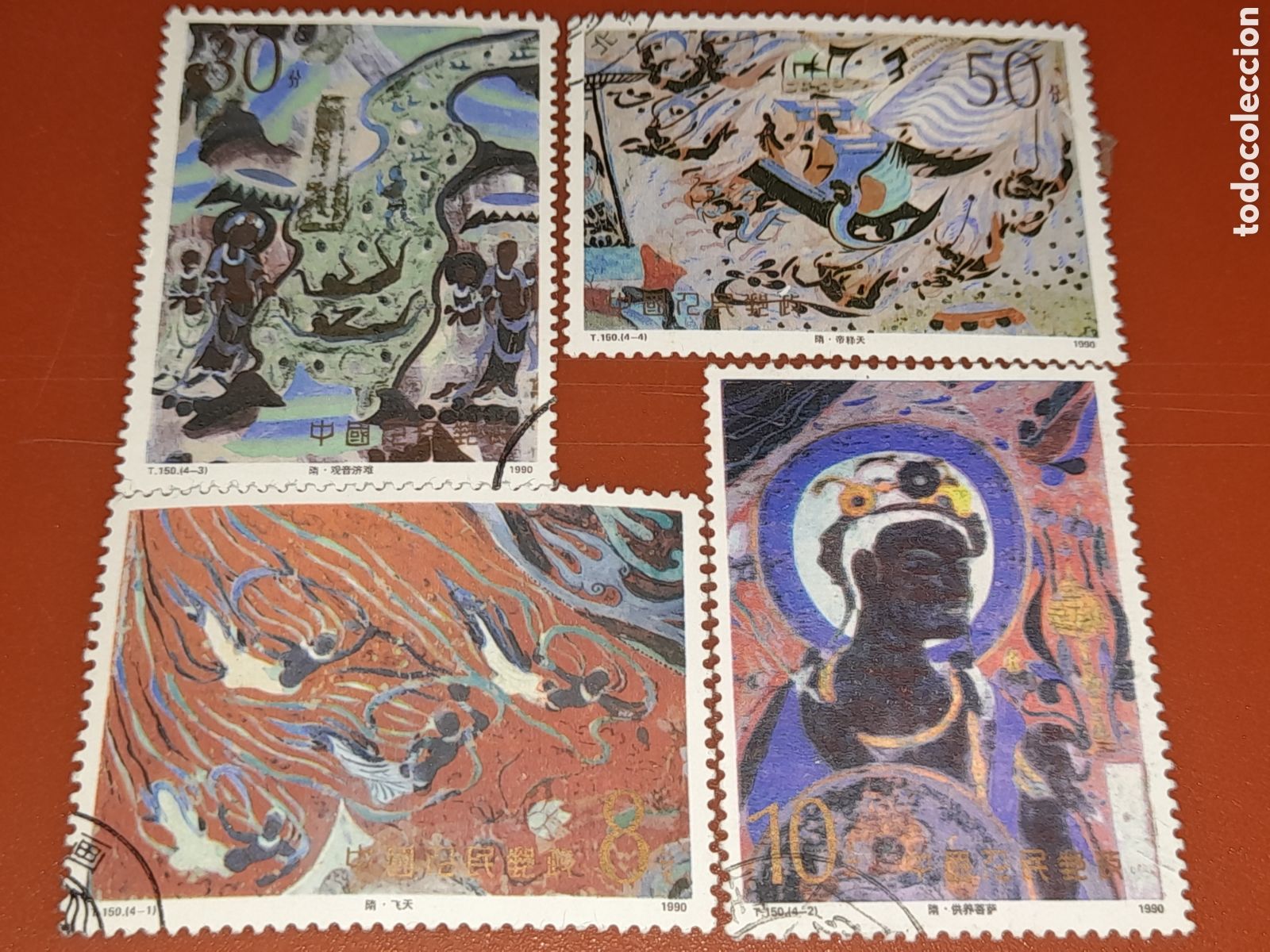 Sellos: Sello China mtdo 1990. Pinturas rupestres, murales cueva. Dinast&iacute;a Sui. Historia. R&iacute;o. Gente. Diosa